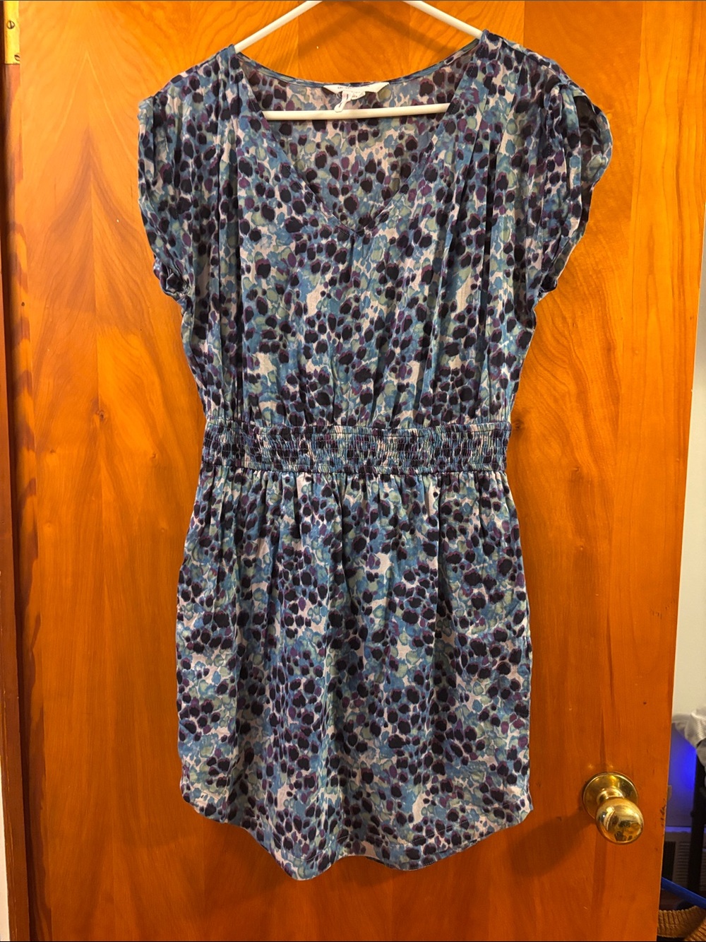 BCBGeneration Blue and Navy Smocked Waist Cap-Sleeve Dress